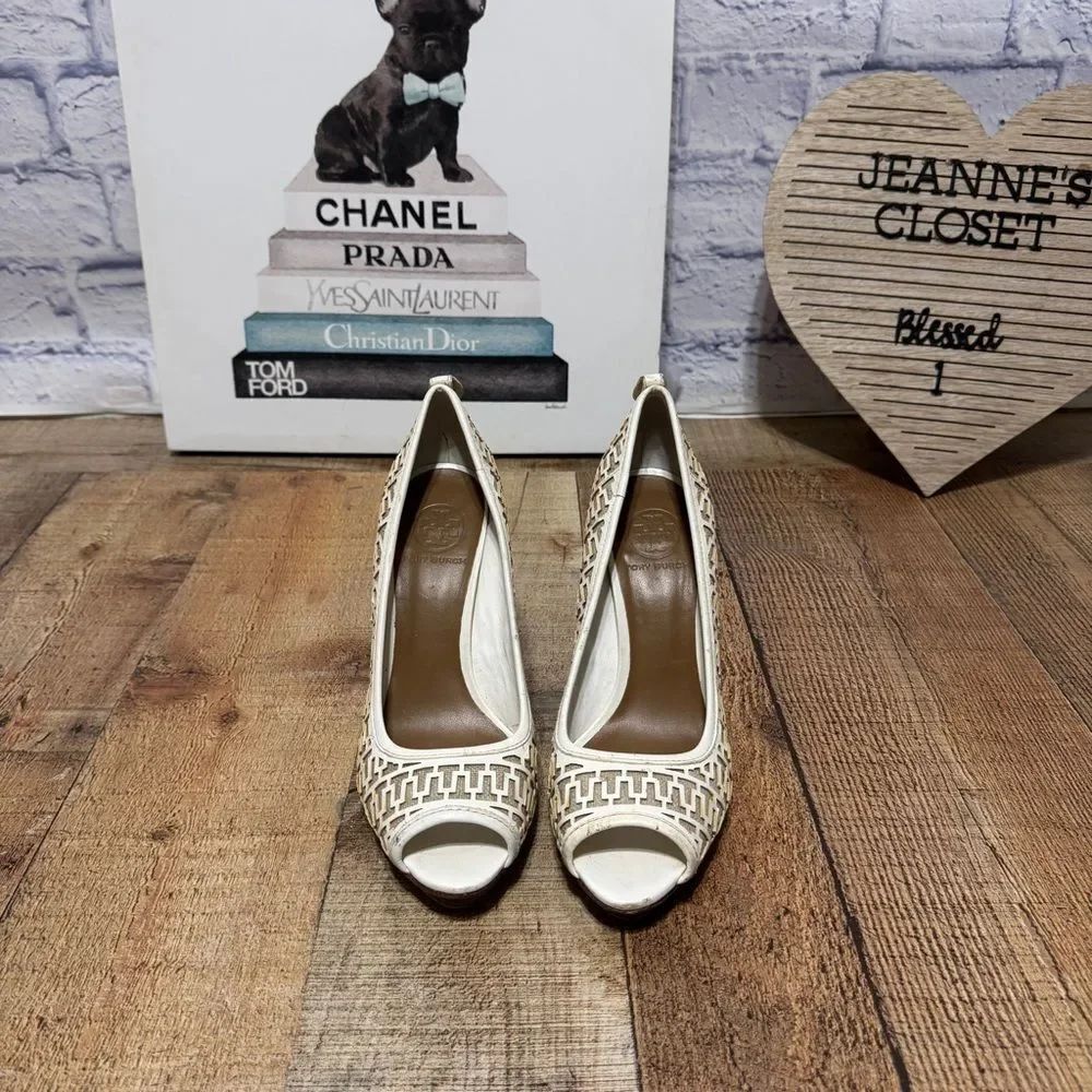 TORY BURCH Regan Leather/ Linen Peep-Toe Cut-out High Heel Pumps 8.5M - Picture 3 of 11